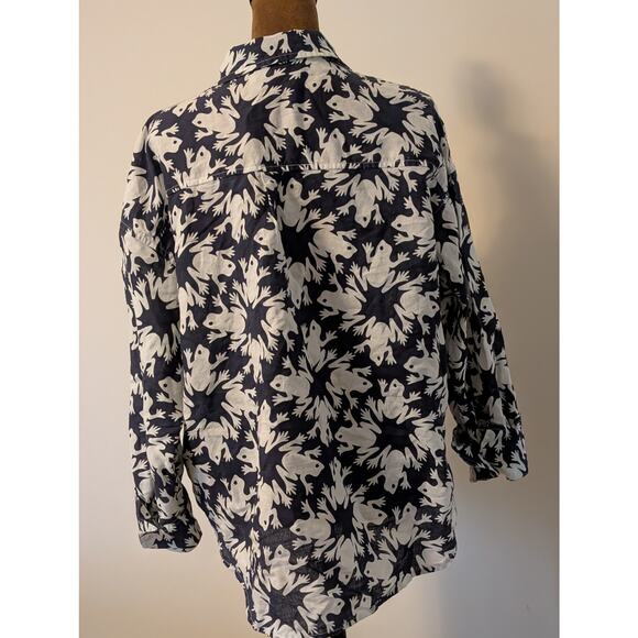 ​Lesley Evers Navy & White Frog Print Linen Blend Button-Down Shirt - Size Large - Picture 5 of 10